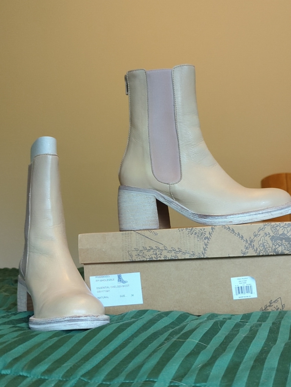 Free People Beige Leather Chelsea Block Heel Booties